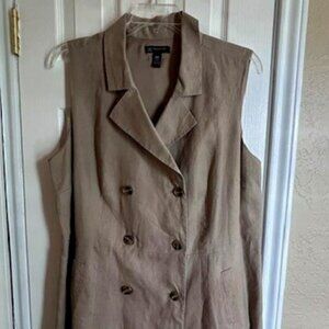 Tan 20W Linen Inc, Double Breasted Sleeveless Lined Dress, With Pockets